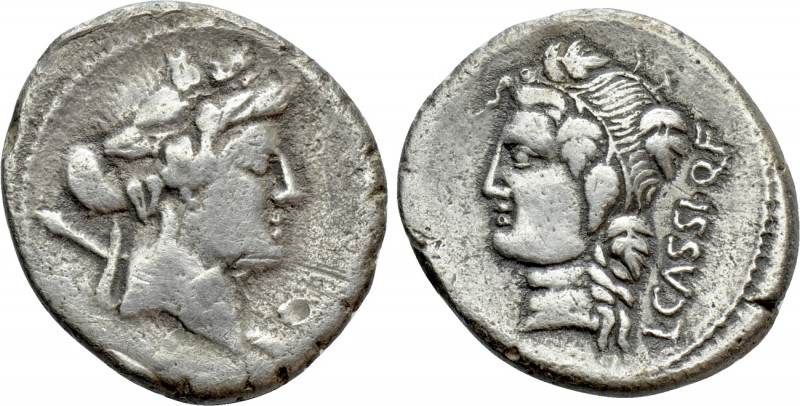 L. CASSIUS Q.F. LONGINUS. Denarius (75 BC). Rome. 

Obv: Head of Liber or youn...