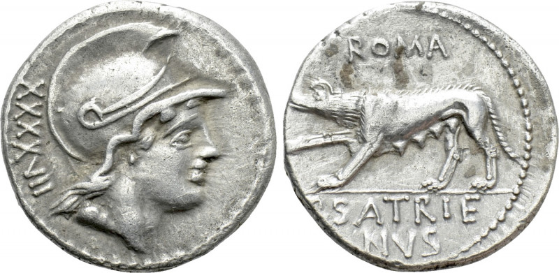 P. SATRIENUS. Denarius (77 BC). Rome. 

Obv: Helmeted head of Mars right; XXXX...