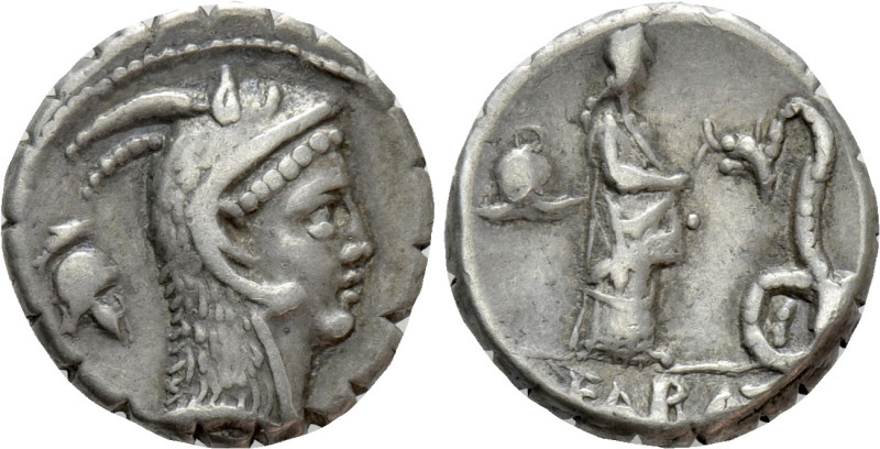 L. ROSCIUS FABATUS. Serrate Denarius (59 BC). Rome. 

Obv: L ROSCI. 
Head of ...