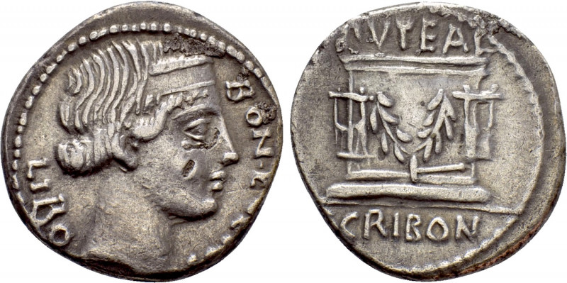 L. SCRIBONIUS LIBO. Denarius (62 BC). Rome. 

Obv: BON EVENT / LIBO. 
Diademe...