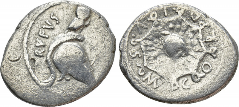 MN. CORDIUS RUFUS. Denarius (46 BC). Rome. 

Obv: RVFVS. 
Crested helmet righ...