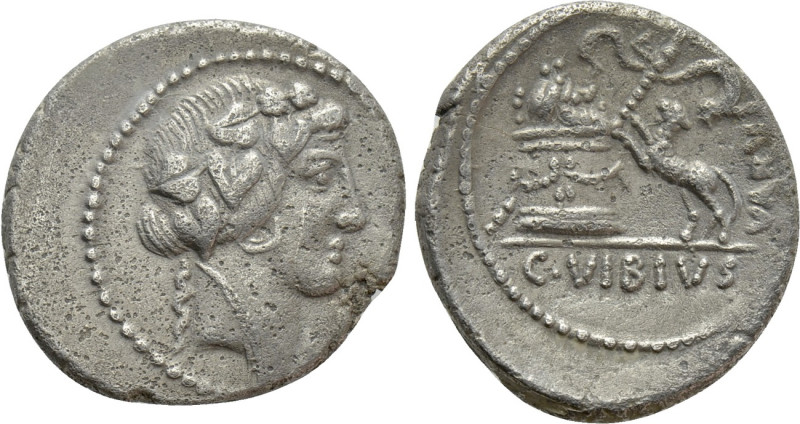 C. VIBIUS VARUS. Denarius (42 BC). Rome. 

Obv: Head of Bacchus, wearing ivy w...