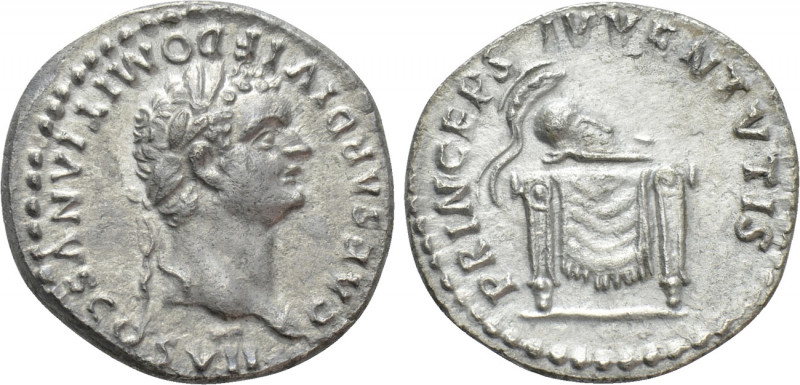 DOMITIAN (Caesar, 69-81). Denarius. Rome. 

Obv: CAESAR DIVI F DOMITIANVS COS ...