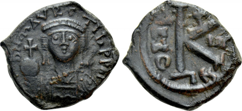 MAURICE TIBERIUS (582-602). Half Follis. Thessalonica. Dated RY 3 (584/5). 

O...