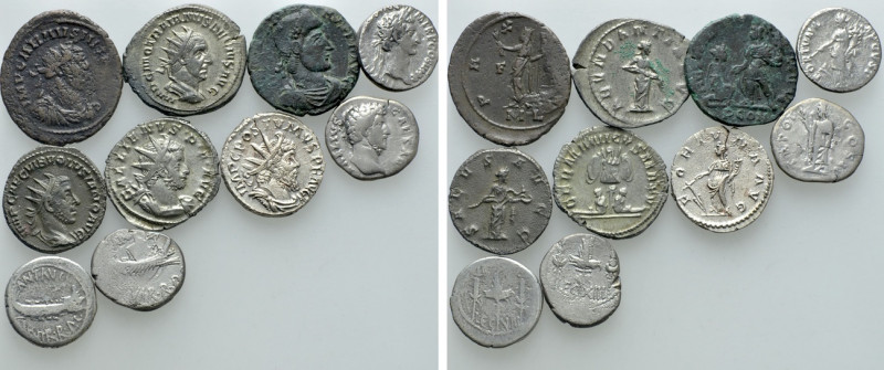10 Roman Coins; Aelius, Nerva etc. 

Obv: .
Rev: .

. 

Condition: See pi...