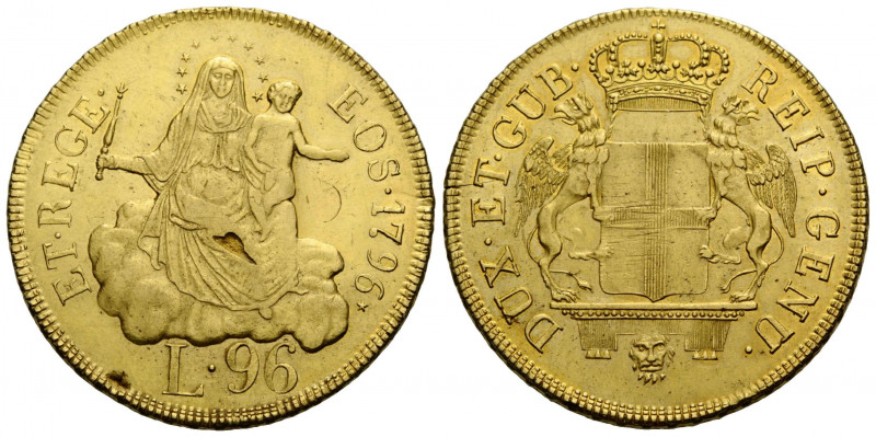 Genua
Dogi Biennali, 1528-1797 96 Lire 1796 Gênes 34.2 mm. Gold. Obv. Crowned a...