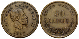 Savoyen / Sardinien
 50 Marche (Token) 1892 5.4 mm. Cu/Zn. Vs./Obv. Vittorio Emanuele II. Rs. / Rv. REGNO D'ITALIA - 50 MARCHE. 9.00 g. Sehr selten /...