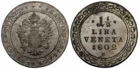Venedig / Veneto / Venice
Francesco II. 1798-1835 1 1/2 Lire (30 Soldi) 1802 A. 32.7 Silber / Silver. Franz II. (from the Holy Roman Empire.) Obv: Cr...