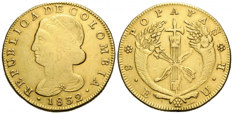 Republik Kolumbien, 1820-1837 8 Escudos 1832 Popayan mint 35.9 mm. Gold 0.875 Vs...