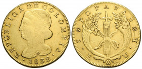 Republik Kolumbien, 1820-1837 8 Escudos 1832 Popayan mint 35.9 mm. Gold 0.875 Vs. Kopf links mit Ohrring. Rs. Fascis zwischen Füllhörnern. Obv. Head l...