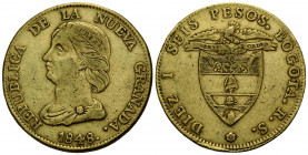 Republik Nueva Granada, 1837-1859 16 Pesos 1848 Bogota 36.6 mm. Gold 0.875 Obv. Head left. Rv. Condor with banner above shielded arms. KM 94.1. 26.90 ...