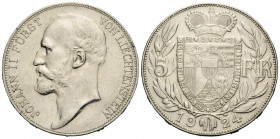 Johann II. 1858-1929 5 Franken 1924 37.0 mm. Silber / Silver. HMZ 2-1379.a. 25.00 g. Gereinigt. Sehr schön + / Cleaned. Very fine +.