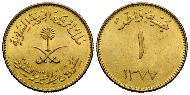 Sa`ud Bin Abd Al-Aziz 1953-1964 Saudi Pound 1957 (AH 1377). 22.0 mm. Gold 0.916....