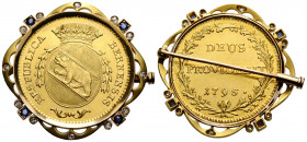 Bern
 Doppelduplone 1795 35.7 mm. (davon Fassung ca. 12.9g) Gold. Doppelduplone als Goldbroche geschmückt mit vier Saphiren und 12 Diamanten. gold br...
