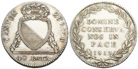 Zürich Stadt und Kanton
 40 Batzen 1813 Mzz. B. 40.4 mm. Silber / Silver. Cantonal Coin. HMZ 2-1172a. 29.40 g. Variante mit "Ü" im Wort ZÜRICH. Gerei...