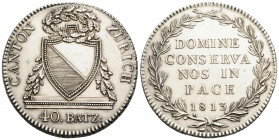 Zürich Stadt und Kanton
 40 Batzen 1813 Obv.& Rv. Mzz. B. 40.7 mm. Silber / Silver. Cantonal Coin. HMZ 2-1172a. 29.30 g. Variante mit "Ü" im Wort ZÜR...