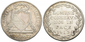 Zürich Stadt und Kanton
 20 Batzen 1813 Mzz. B. 34.1 mm. Silber / Silver. Cantonal Coin. HMZ 2-1173a. 14.50 g. Variante mit "Ü" im Wort ZÜRICH. Vorzü...
