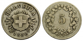 Eidgenossenschaft / Confederation Bundesmünzen / Federal Coins
 5 Rappen 1850 AB 17.0 mm. Prägefehler auf Vs. beim 1. E in HELVETIA. Mint-made error,...
