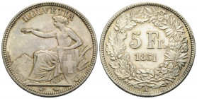 Eidgenossenschaft / Confederation Bundesmünzen / Federal Coins
 5 Franken 1851 Paris 37.0 mm. Silber / Silver. Sitzende Helvetia / Seated Helvetia. H...