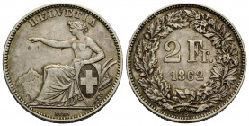 Eidgenossenschaft / Confederation Bundesmünzen / Federal Coins
 2 Franken 1862 Bern 27.0 mm. Silber / Silver. Sitzende Helvetia / Seated Helvetia. HM...
