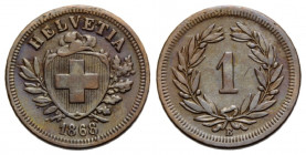 Eidgenossenschaft / Confederation Bundesmünzen / Federal Coins
 1 Rappen 1868 B. Bern. 16.0 mm. Bronze (Cu-Sn). Fehlprägung, klarer Stempelriss letzt...