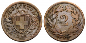 Eidgenossenschaft / Confederation Bundesmünzen / Federal Coins
 2 Rappen 1870 Bern 20.0 mm. Bronze (Cu-Sn). HMZ 2-1213d. 2.30 g. Sehr schön / Very fi...