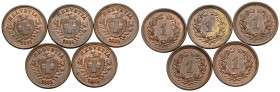 Eidgenossenschaft / Confederation Bundesmünzen / Federal Coins
 1 Rappen 1883 Bern 16.0 mm, 1.5g x 5. Wappen / Shield. HMZ 2-1215u. 5 Expl. 7.60 g. V...