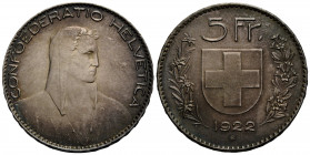 Eidgenossenschaft / Confederation Bundesmünzen / Federal Coins
 5 Franken 1922 Bern 37.0 mm. Silver / Silver. Alphirte / Alpine shepherd. HMZ 2-1199a...