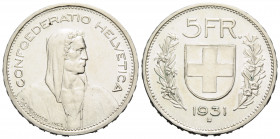 Eidgenossenschaft / Confederation Bundesmünzen / Federal Coins
 5 Franken 1931 Bern 31.0 mm. Silber / Silver. Fehlprägung. Alphirte. 10* über Kopf. M...