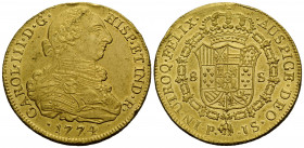 Königreich
 8 Escudos 1774 Popayan (Typ 3), Prüfer: JS- JUAN CORCHERO - ESTANISLAO DELGADO 37.0 mm. Gold. Carlos III, 1759–1788. Vs. / Obv. CAROL . I...