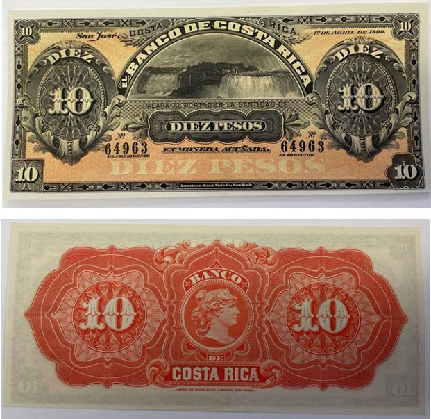 Costa Rica Republik
Banco de Costa Rica 10 Pesos 185 x 82 mm. vom 1.4.1899 Vs. ...