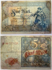Deutschland vor 1918 Reichsbanknoten und Reichskassenscheine 1874-1914
 5 Mark 1882 125 x 80 mm. 10.01.1882. Note dunkelblau Vs. Rechts Ritter in Rüs...