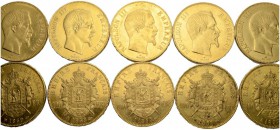 [290.32g]
FRANKREICH. II. Kaiserreich. Napoleon III. 1852-1870. 100 Francs 1855-1589. Lot von 10 Exemplaren. Feingewicht 290.32 Gramm. Unterschiedlic...
