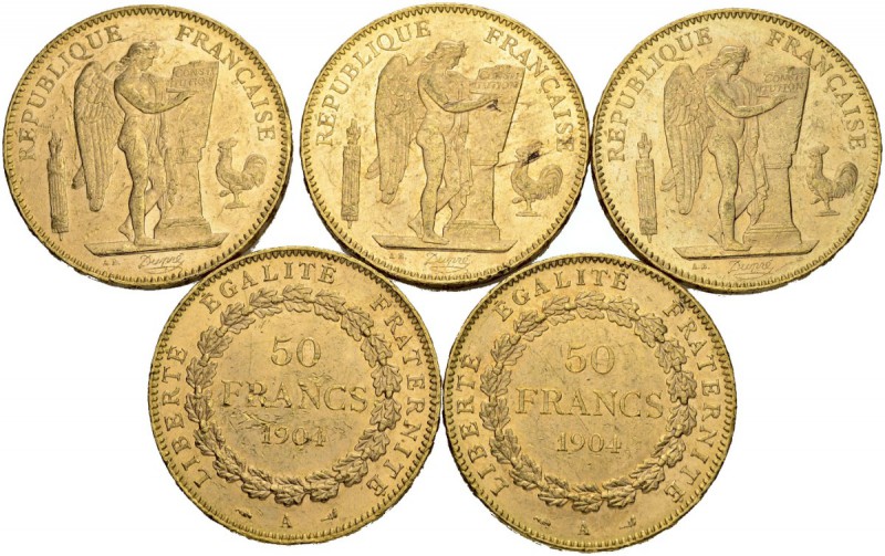 [72.58g]
FRANKREICH. 3. Republik, 1871-1940. 50 Francs 1904. Lot von 5 Exemplar...
