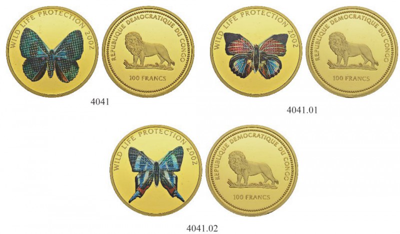 [93.30g]
KONGO. Republik. 100 Francs 2002. "Proben". Lot von 3 Exemplaren im Or...