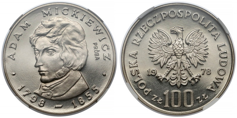 Próba NIKIEL 100 złotych 1978 Adam Mickiewicz - bez loczka Reference: Parchimowi...