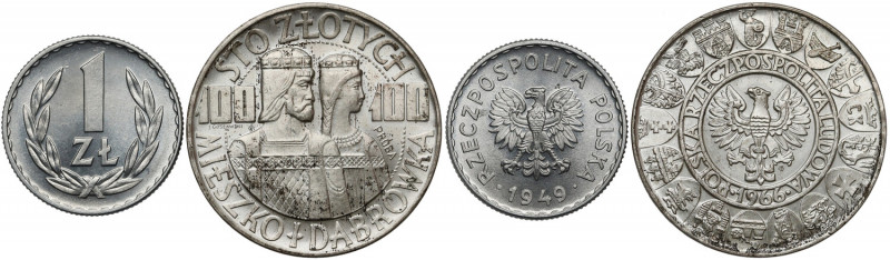 Próba SREBRO 100 złotych 1966 Mieszko i 1 złoty 1949 (2szt) Mennicze egzemplarze...