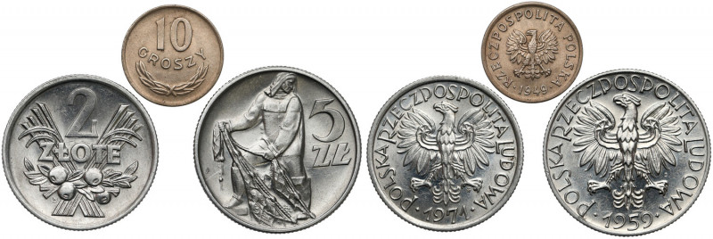 10 groszy 1949, 2 złote 1971 i 5 złotych 1959 (3szt) 10 groszy st.1/1-&nbsp; 2 z...