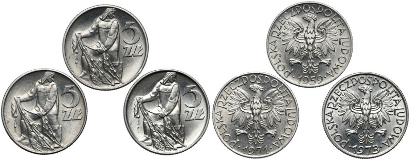 Rybak 5 złotych 1959-1973, w tym SŁONECZKO (3szt) 1959 st.2+ (lekko wybłyszczony...