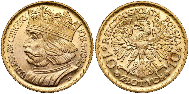 10 złotych 1925 Chrobry Menniczy egzemplarz. Złoto, średnica 19 mm, waga 3,23 g....