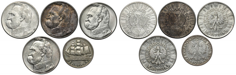 5 i 10 złotych 1934-1939 Piłsudski, Strzelecki, Żaglowiec, (5szt) Kondycyjnie na...