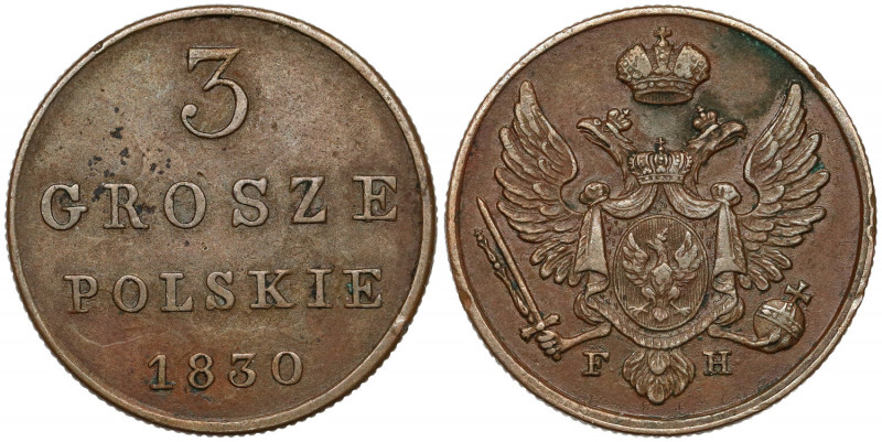 3 grosze polskie 1830 FH - b.ładne Szufladowej prezencji egzemplarz. Bardzo ładn...