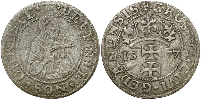 Oblężenie Gdańska, Grosz 1577 Odmiana z popiersiem Jezusa małym i wąskim, z głow...