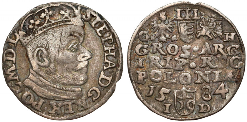 Stefan Batory, Trojak Olkusz 1584 - inicjały GH Rysa na portrecie, z dawnym ślad...