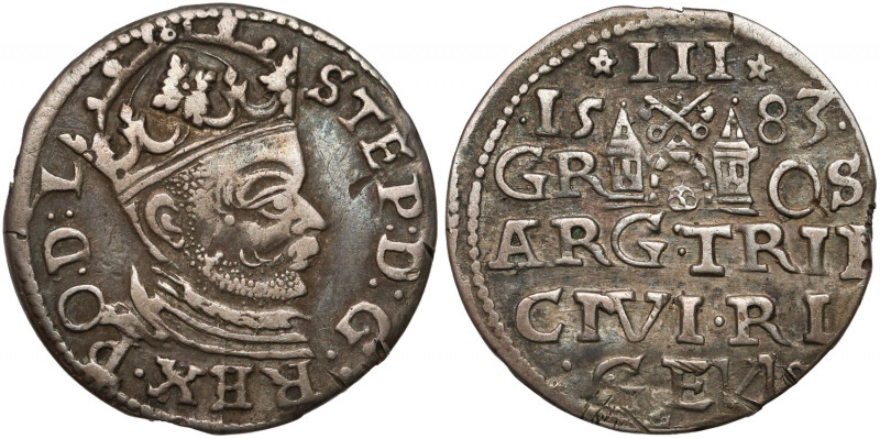 Stefan Batory, Trojak Ryga 1583 Portret królewski z małą głową i niskim naramien...