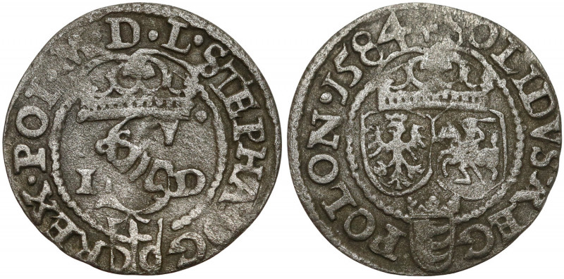 Stefan Batory, Szeląg Olkusz 1584 - STEPHA Lekko gięty, dobrze wybity, ładny w p...