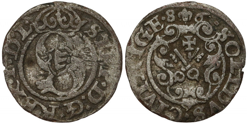 Stefan Batory, Szeląg Ryga 1586 - data wąsko Odmiana z kartuszem ozdobnym, z cyf...