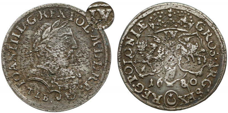 Jan III Sobieski, Szóstak Kraków 1680-C - w zbroi - IV zamiast VI Charakterystyc...