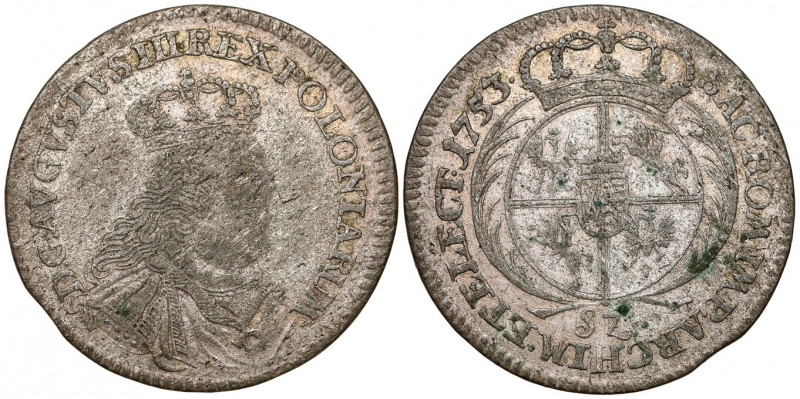 August III Sas, Szóstak Lipsk 1753 - 'Sz' - rzadki Charakterystyczny, pierwszy s...