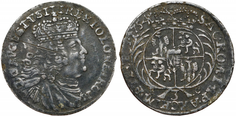 August III Sas, Trojak Lipsk 1754 Odmiana z szerokim, masywnym popiersiem króla....